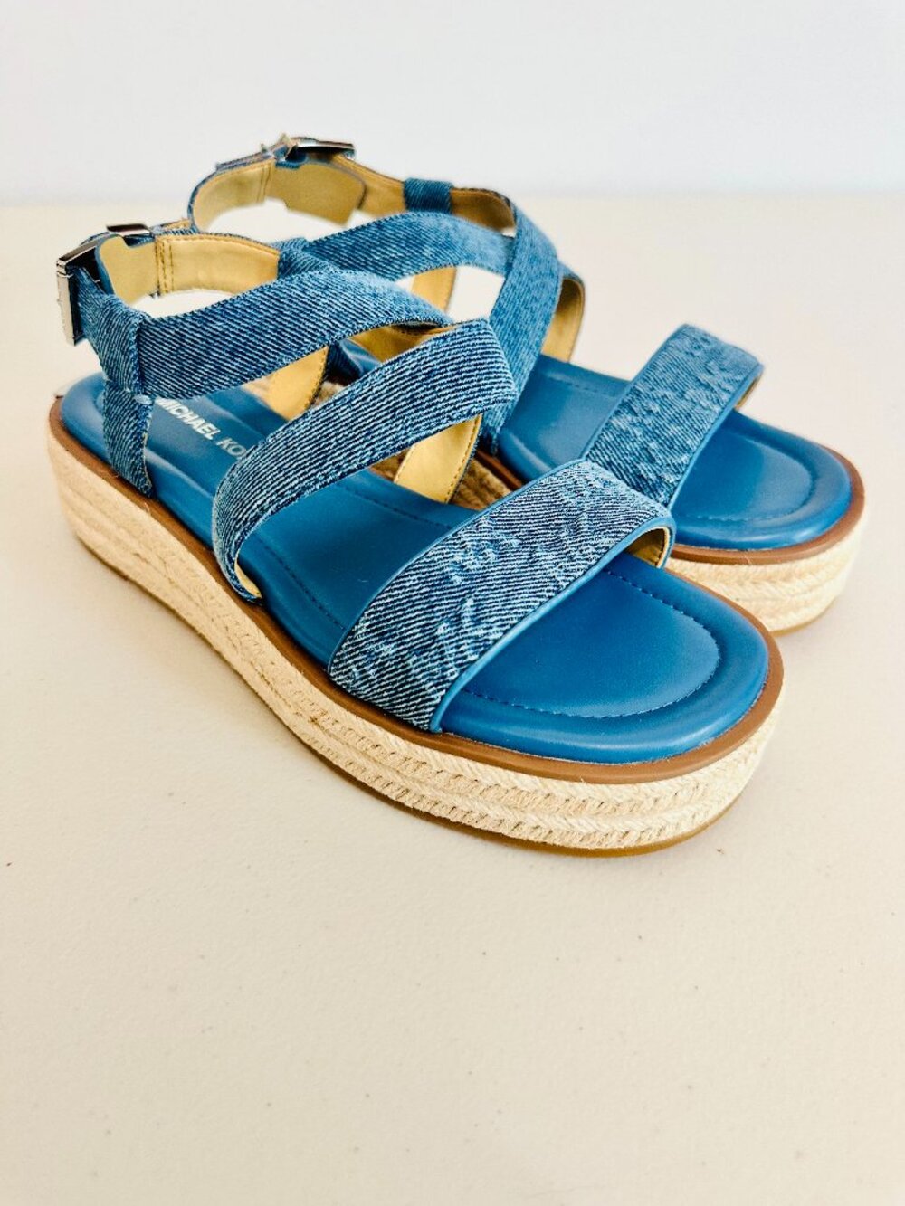 NEW MICHAEL KORS DENIM STRAPPY PLATFORM SANDALS 7.5M